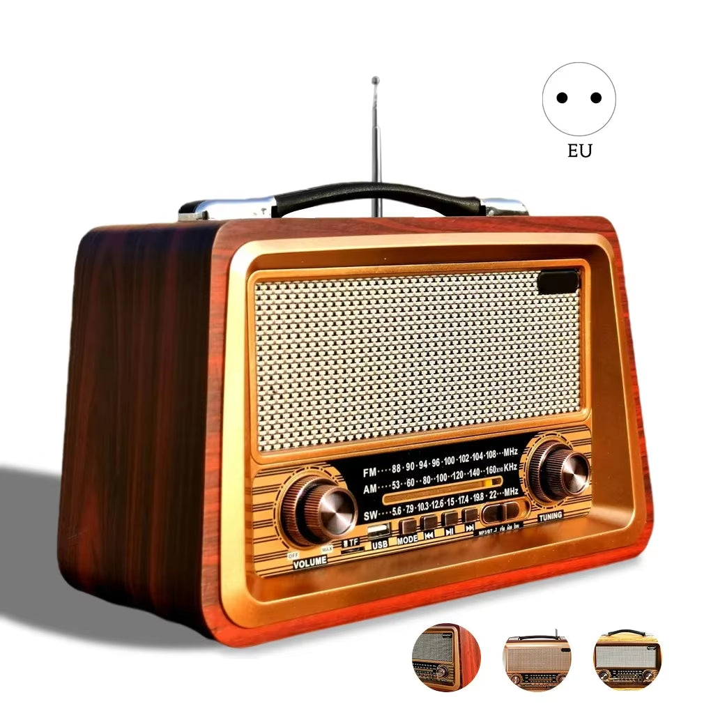 R-2066BT Retro Multi Band Real Wooden Rechargeable Radio with Wireles Bluetooth Link USB Mp3 Player Outdoor Portable Speaker Box