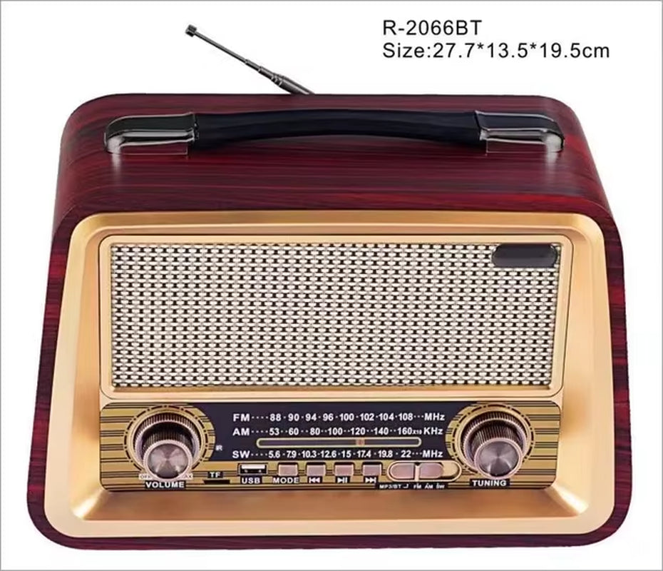 R-2066BT Retro Multi Band Real Wooden Rechargeable Radio with Wireles Bluetooth Link USB Mp3 Player Outdoor Portable Speaker Box