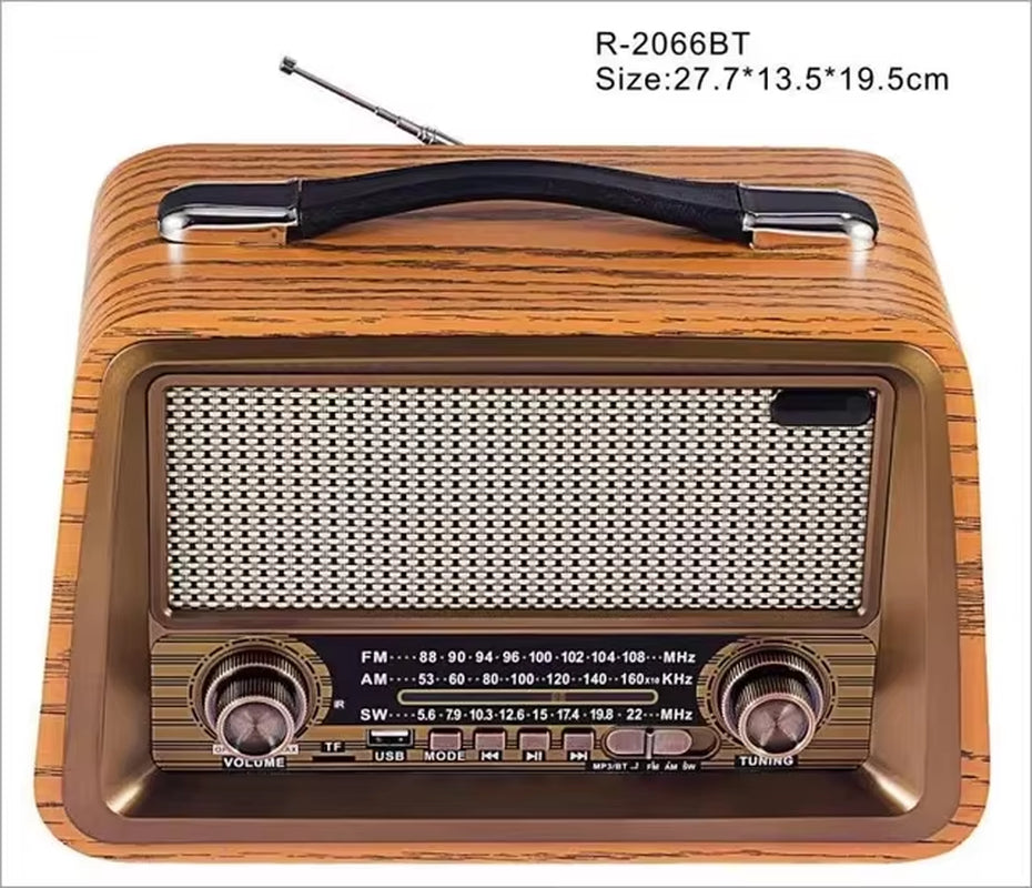 R-2066BT Retro Multi Band Real Wooden Rechargeable Radio with Wireles Bluetooth Link USB Mp3 Player Outdoor Portable Speaker Box